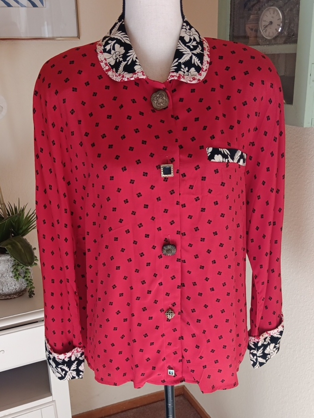Vintage Carole Little Red Polka Dot/ Diamond/Floral Blouse